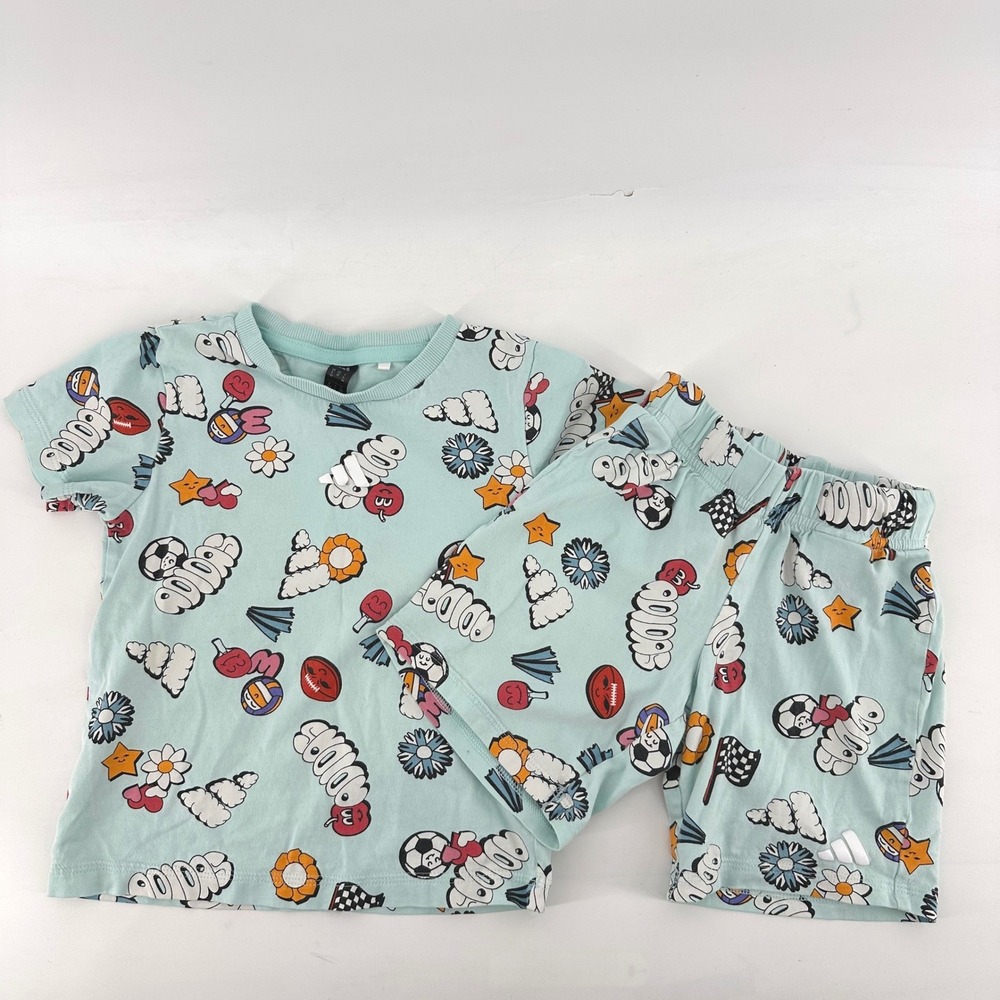 Adidas T-Shirt and Shorts Set Kids 4T Light Blue Multi Graphic Print